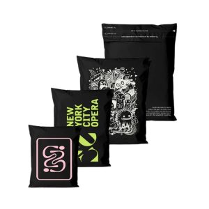 four different sizes black Custom Printed Composable Mailers, waterproof shipping bags with custom printed logo