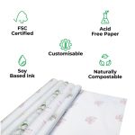 tissue paper components: acid paper free, customizable, soy based ink, eco, compostable, FSC certified